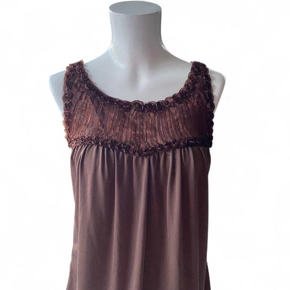 Vintage Wet Seal‎ Babydoll Top Brown Sheer pleated floral neckline bubble hem S
